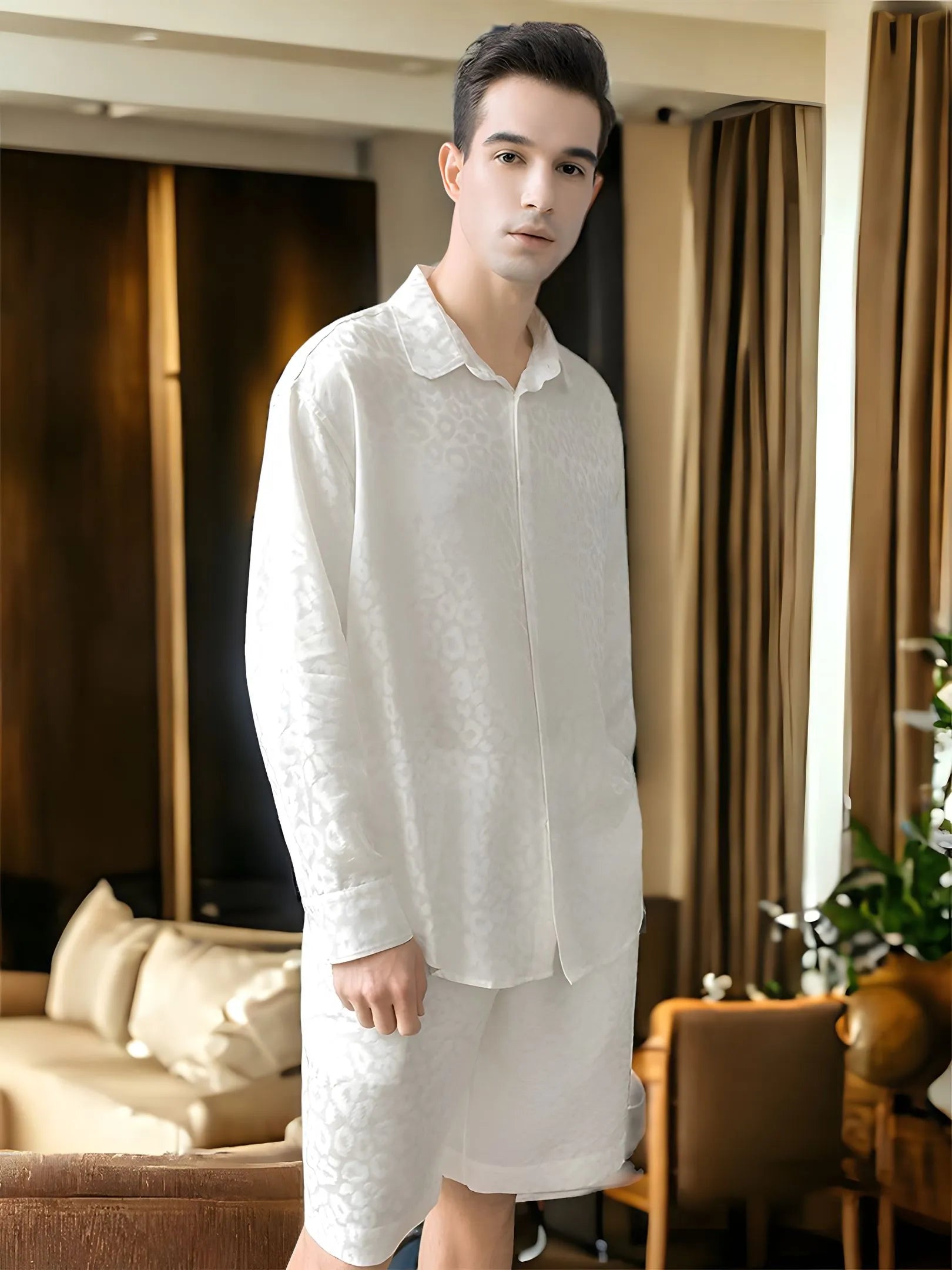 SIIK Pure Silk Men's Print Lapel Pajama Set - Ivory White