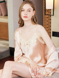 SIIK Silk Sexy Lace Suspender Nightdress Robe Set - Pink