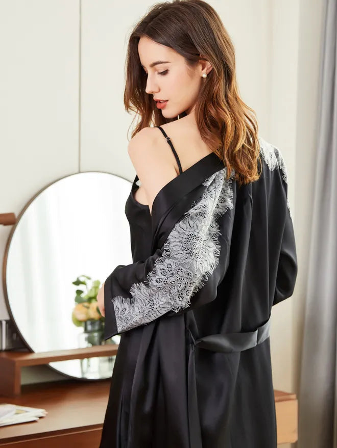 SIIK Silk Sexy Lace Suspender Nightdress Robe Set - Black