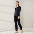 SIIK Pure Silk Contrast Piping Button-Up Full Length Pajama Set