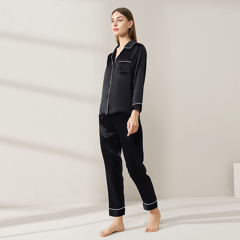 SIIK Pure Silk Contrast Piping Button-Up Full Length Pajama Set