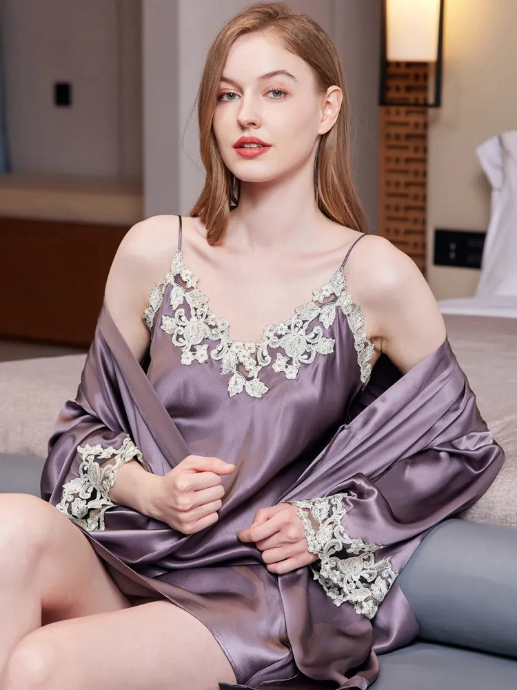 SIIK Silk Sexy Lace Suspender Nightdress Robe Set - Purple