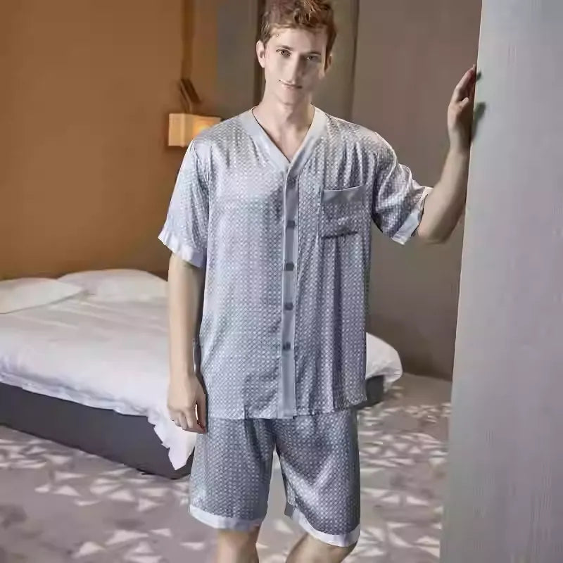 SIIK Pure Silk Men's Shorts Pajama Set - Silver Geometric Pattern