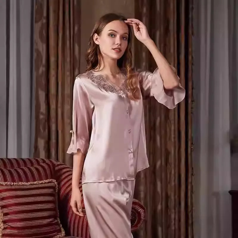 SIIK Pure Silk Lace Embroidery Pajamas Set - Bean Paste