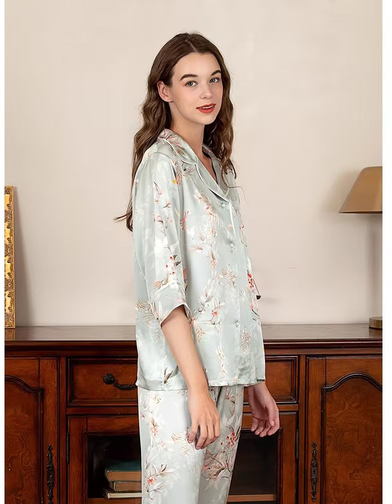 SIIK Pure Silk Floral Print Mid-Length Sleeve Pajama Set