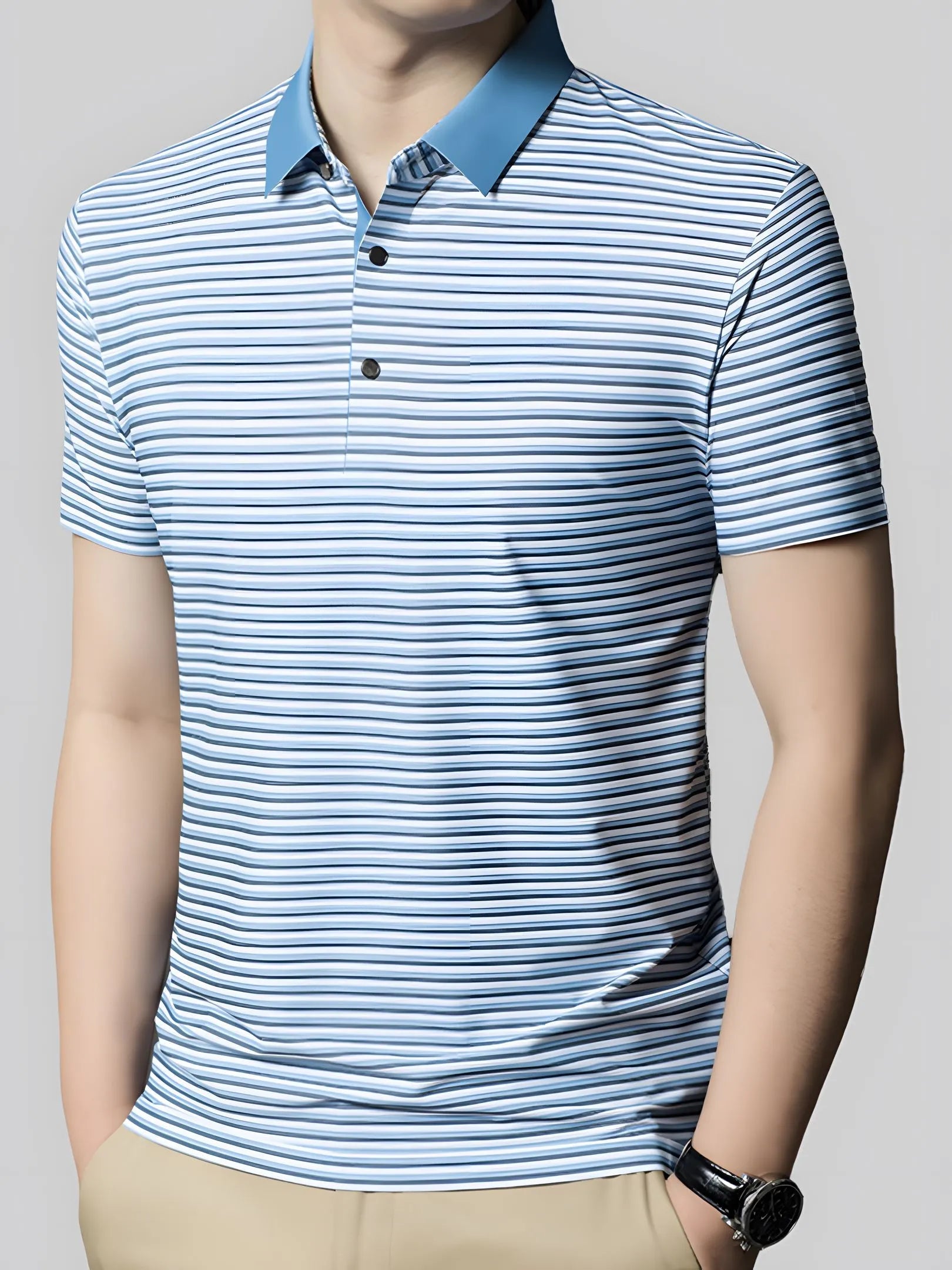 SIIK Silk Men's Stripe Print Short-Sleeved Polo Shirts