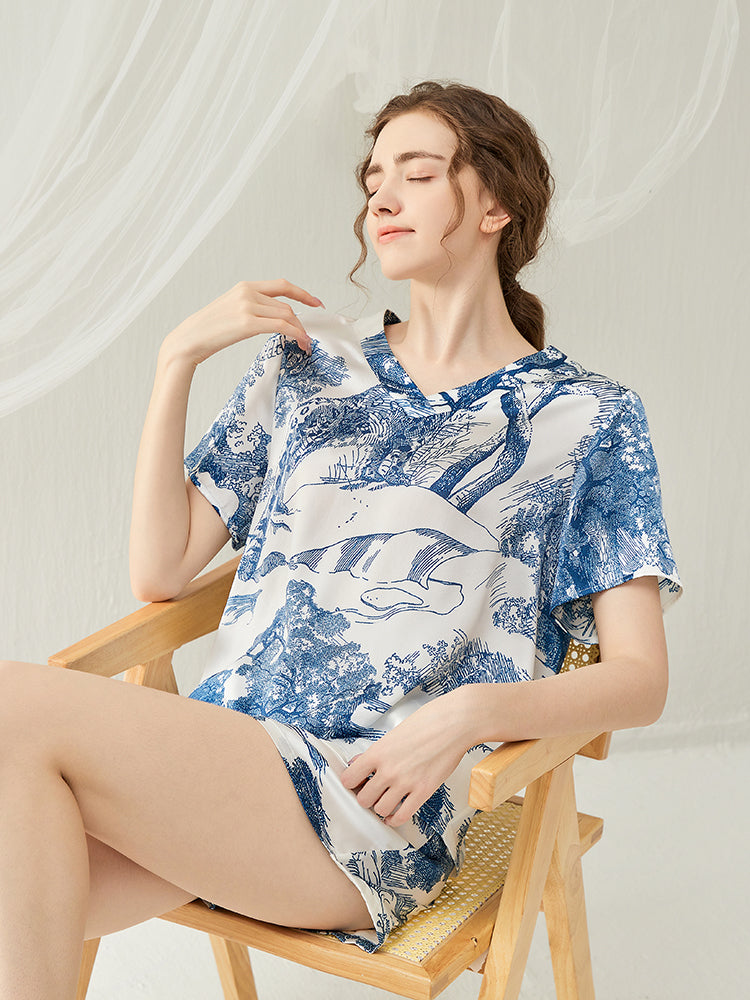 SIIK Pure Silk Print Shorts Pajama Set - Blue and White Porcelain