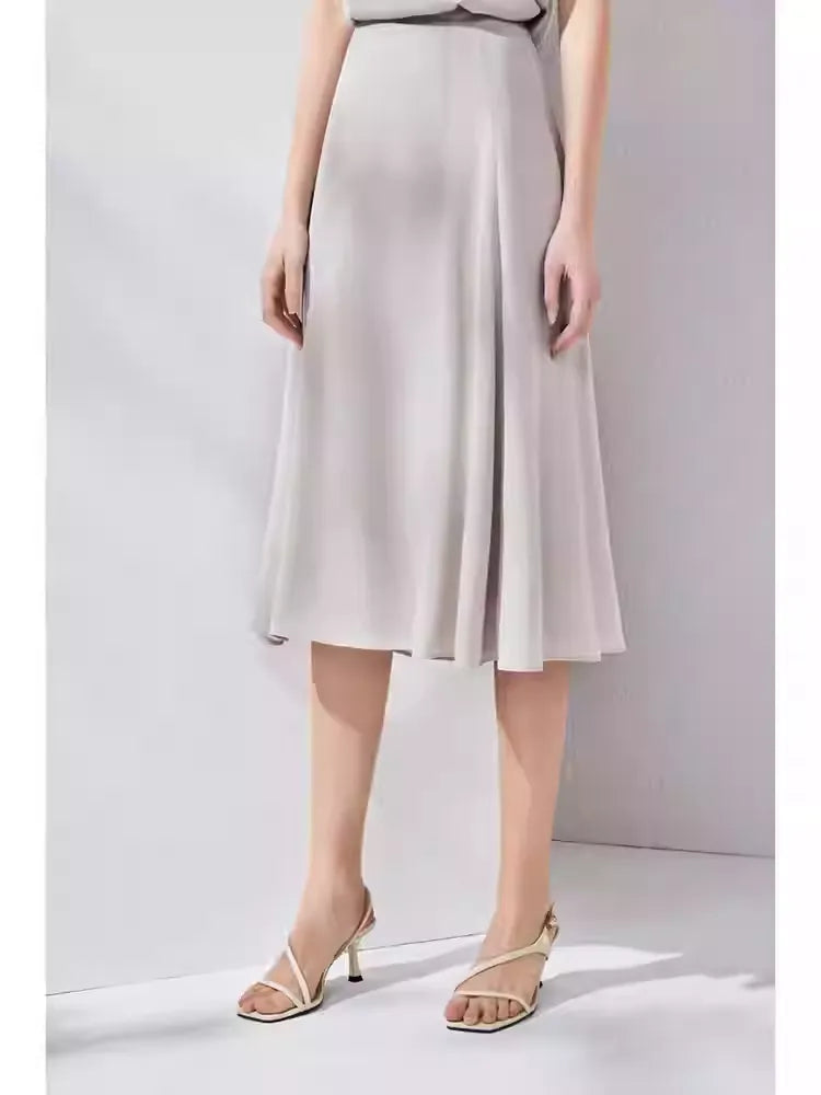 SIIK Pure Silk Stretch Satin High Waist Solid Color Skirt