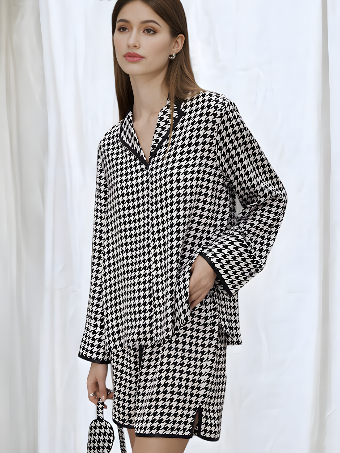 SIIK Pure Silk Houndstooth Print Pajama Set