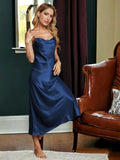 SIIK Pure Silk Cowl Neck Strap Maxi Long Dress Dark Blue