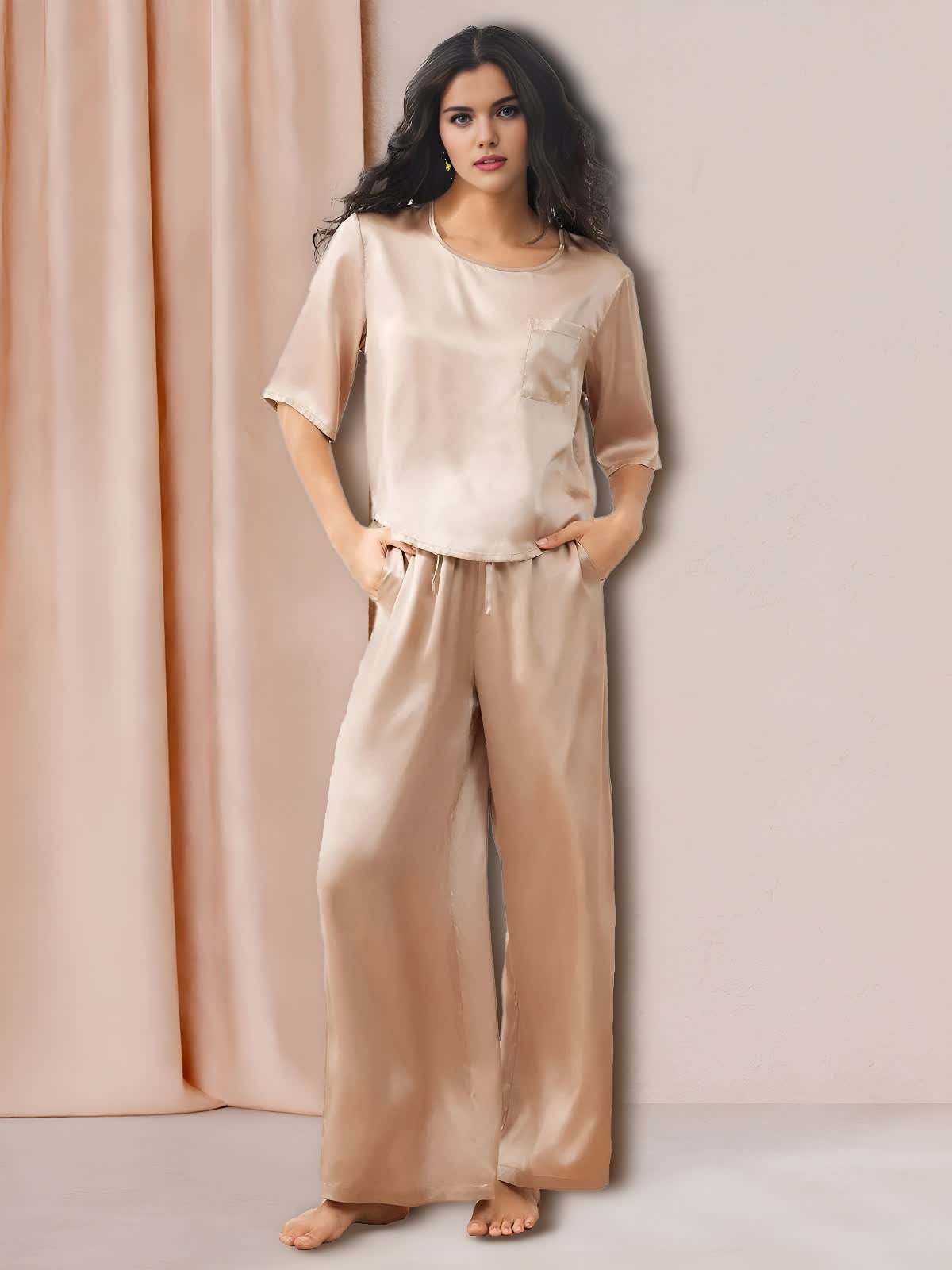 SIIK Silk Lace Up Trousers Pajama Set