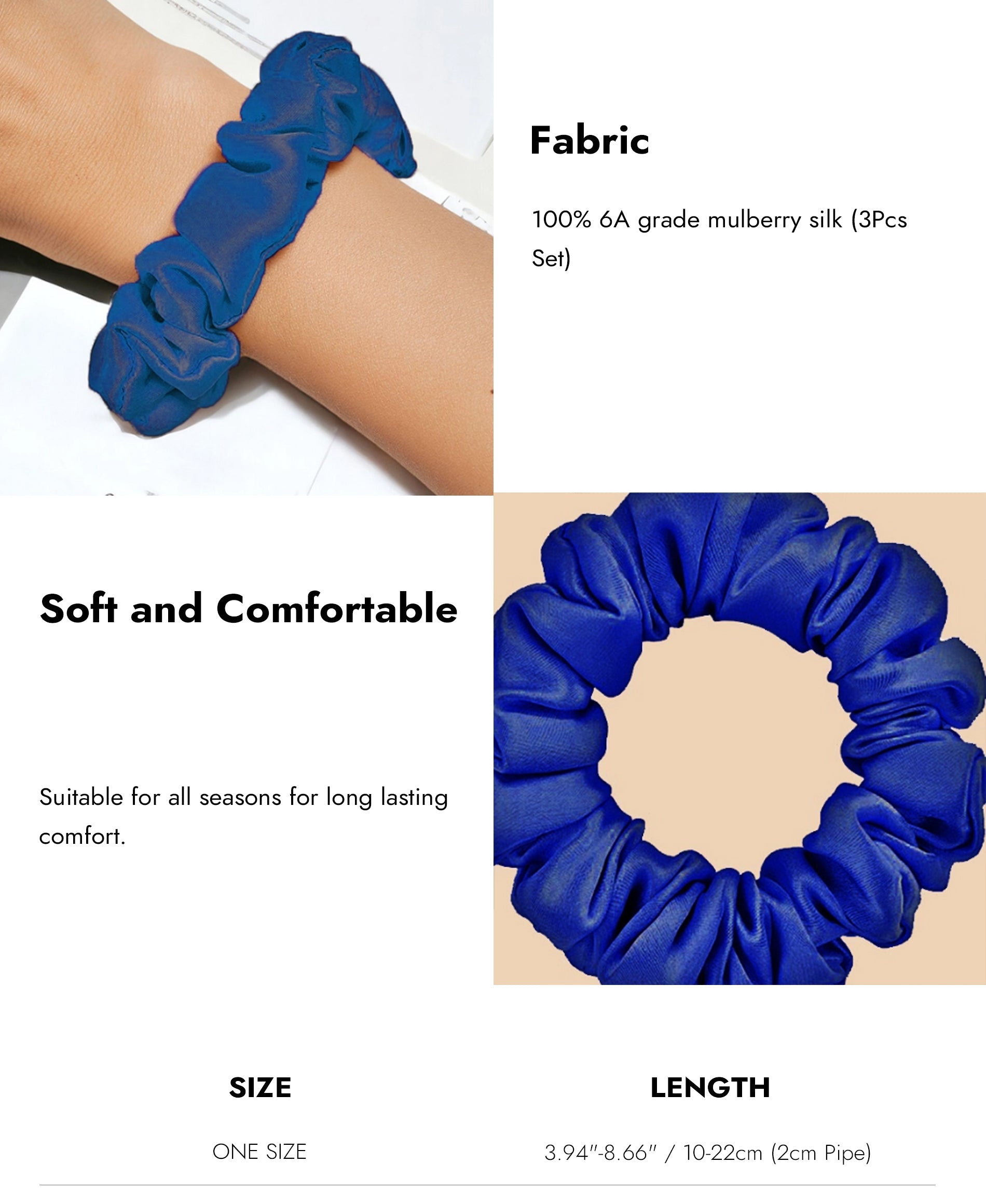 SIIK 3Pcs Pure Silk Midnight Scrunchies - Regular - 2cm - Navy Blue