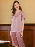 SIIK Pure Silk Bow Lace Pink Pajamas Set