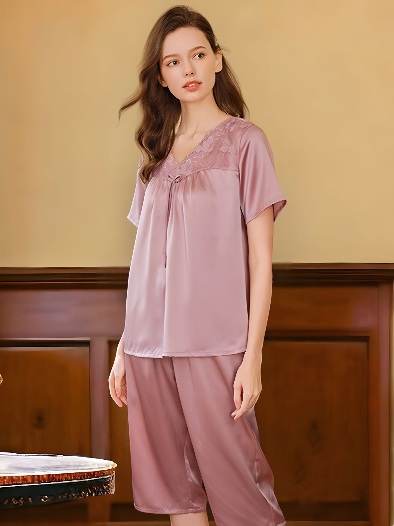 SIIK Pure Silk Bow Lace Pink Pajamas Set