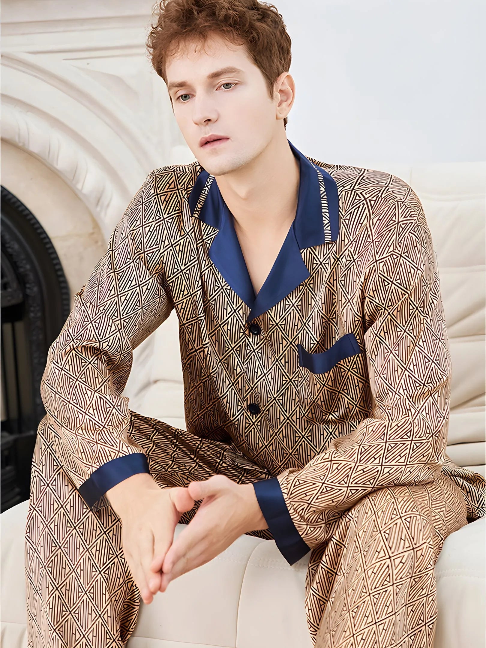 SIIK Pure Silk Men's Print Lapel Pajama Set