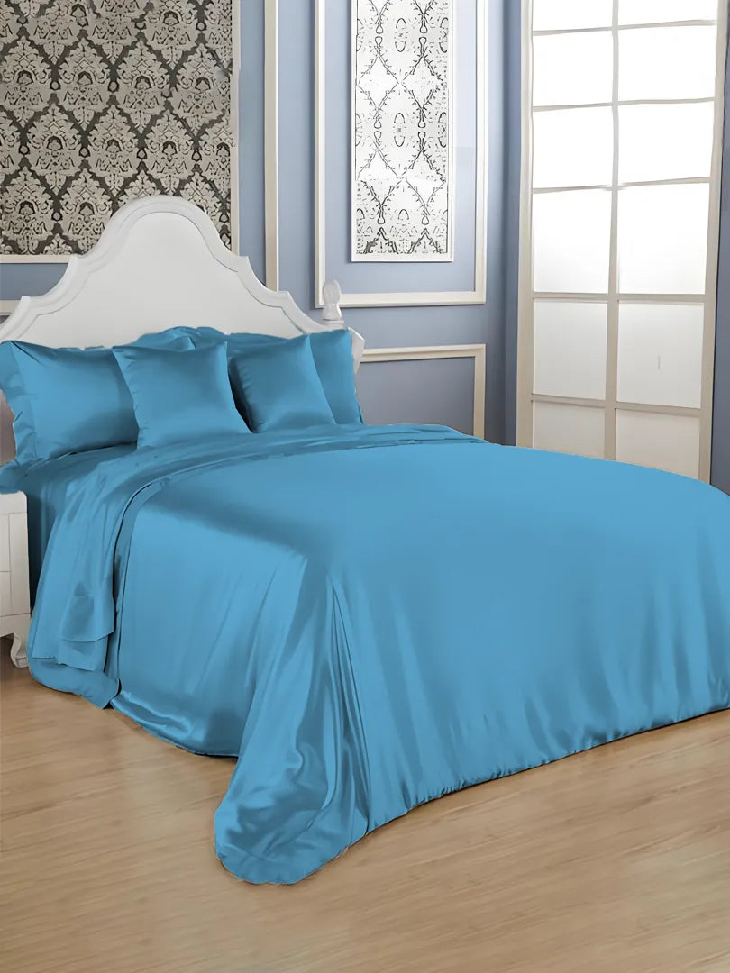 19 Momme Silk Wide Plain Crepe Satin Duvet Cover Without Stitching - Peacock Blue