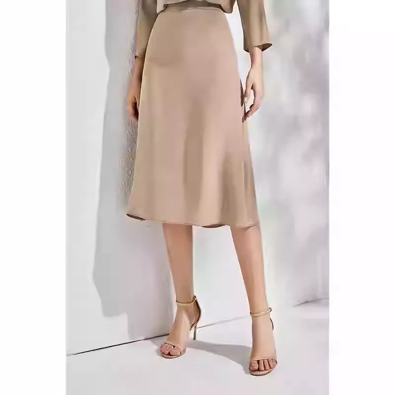 SIIK Pure Silk Solid Color Elegant Midi Skirt