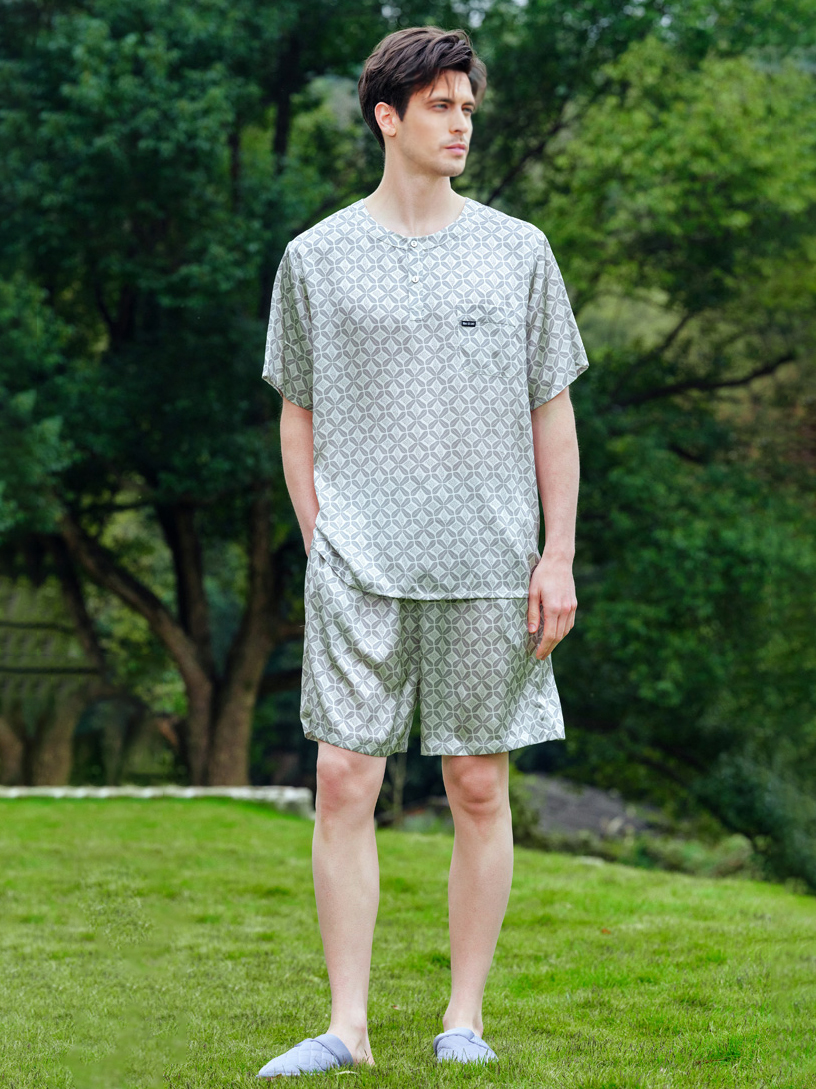 SIIK Pure Silk Men's Grid Printed Shorts Pajama Set