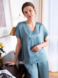 SIIK Silk Short-Sleeved Cropped Pants Pajama Set - Blue